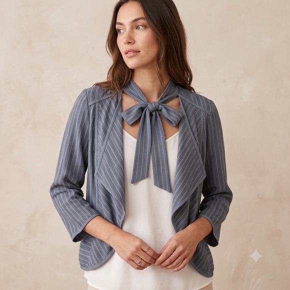 CAbi Sweaters - Cabi Pinstripe Tie-Neck Draped Cardigan Boho Fairycore Cotton Blue Jacket Size M